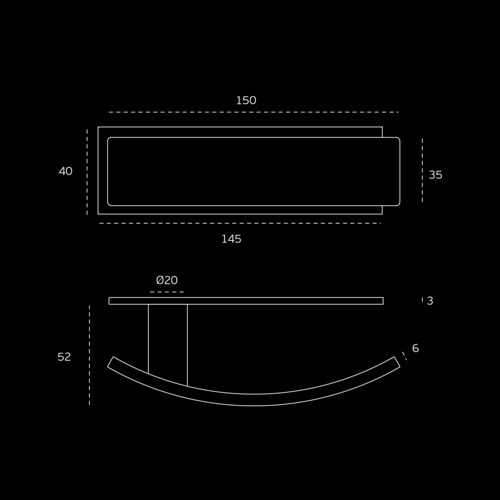 Deurkruk Arch op rechthoekig rozet RVS technische tekening