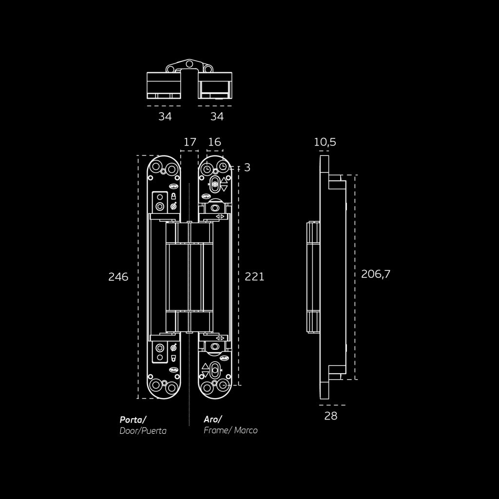 Onzichtbaar Scharnier 246x34mm RVS technische tekening