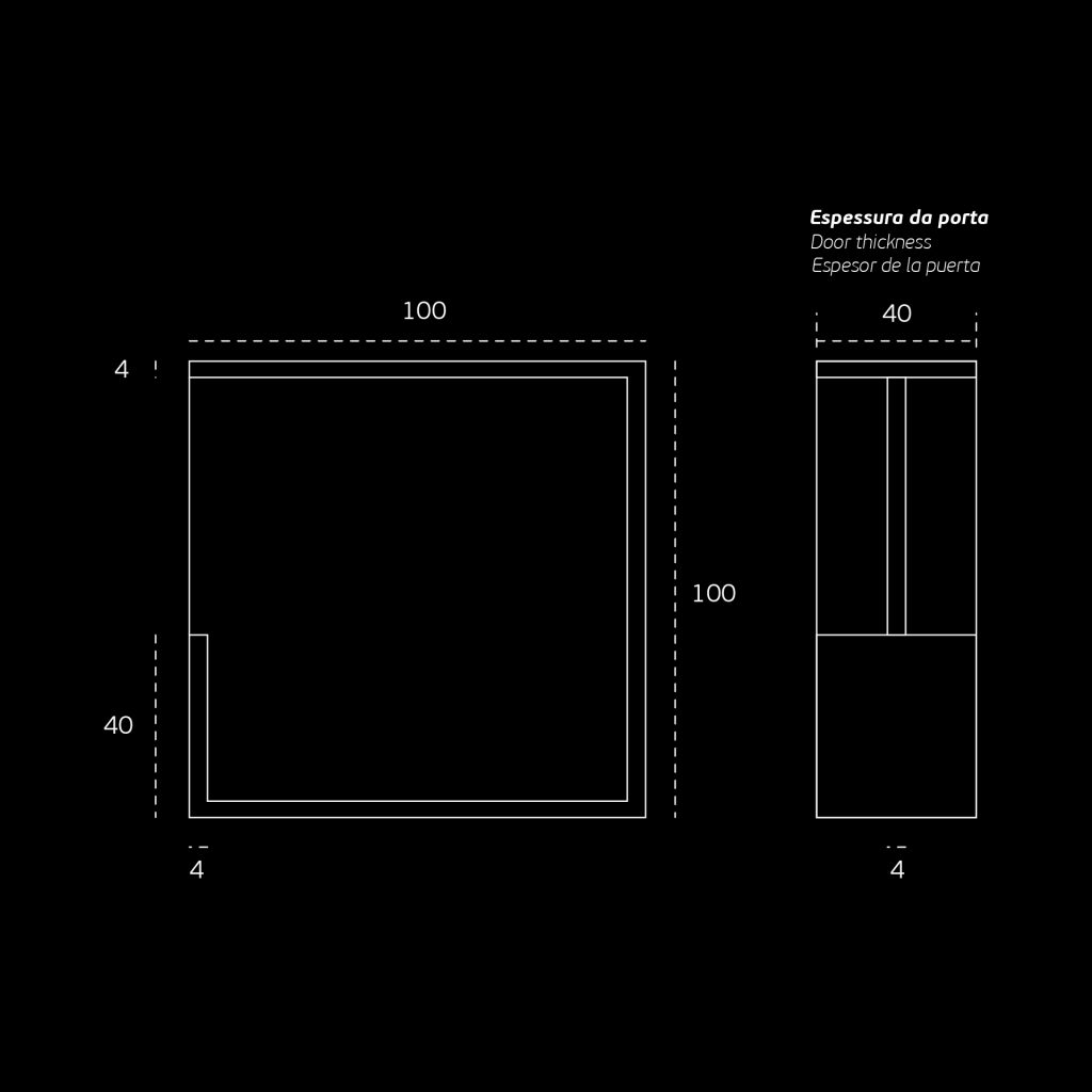Schuifdeurkom tweezijdig Vierkant 100x100x40mm RVS technische tekening