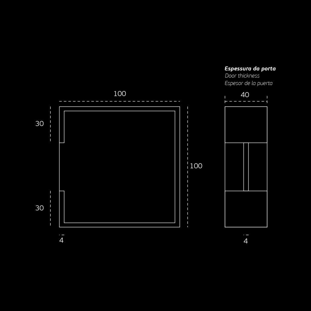 Schuifdeurkom tweezijdig Vierkant 100x100x40mm RVS Messing technische tekening
