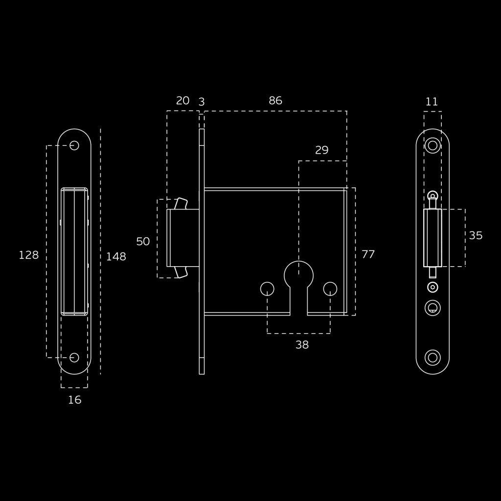 Schuifdeur Cilinderslot met harpoenschoot RVS technische tekening