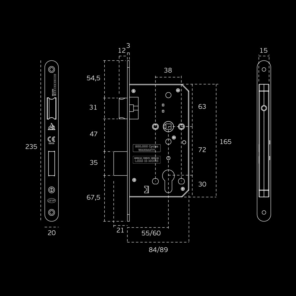 Cilinderslot D+N slot 60/72mm ronde voorplaat RVS technische tekening