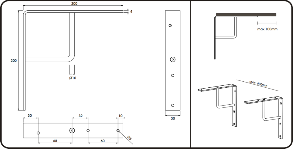 Plankdrager 250x200mm RVS technische tekening