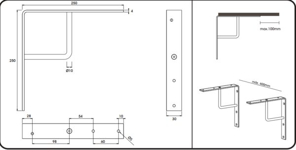 Plankdrager 250x250mm RVS technische tekening
