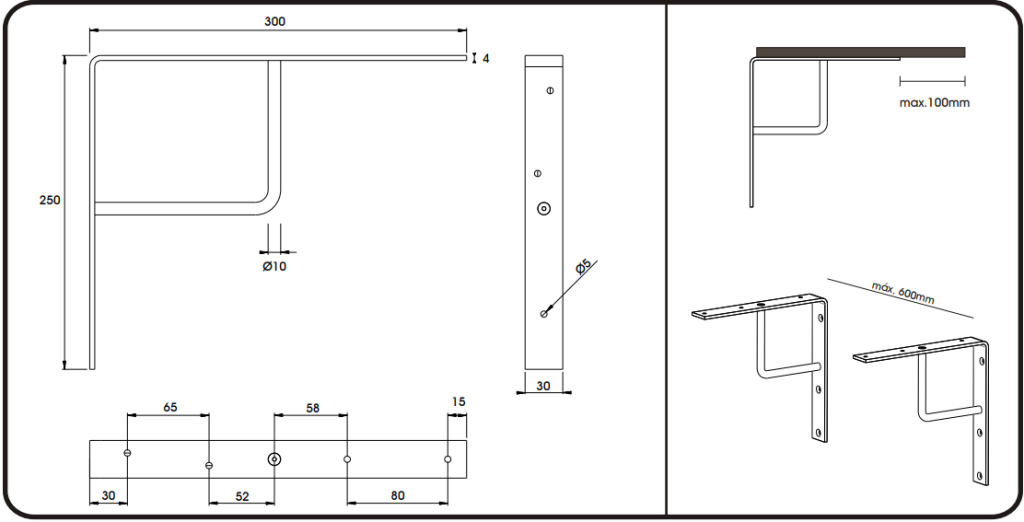 Plankdrager 250x300mm RVS technische tekening
