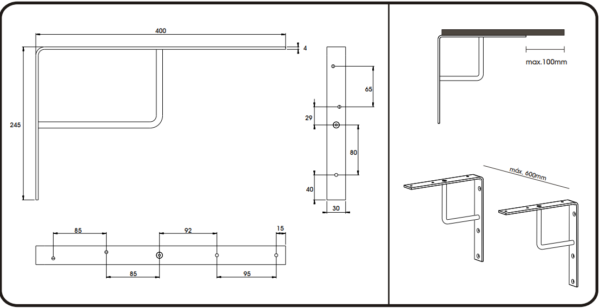 Plankdrager 250x400mm RVS technische tekening