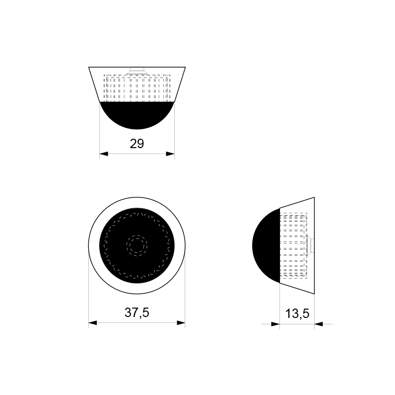 Deurstopper wit rond 37,5×25 mm technische tekening