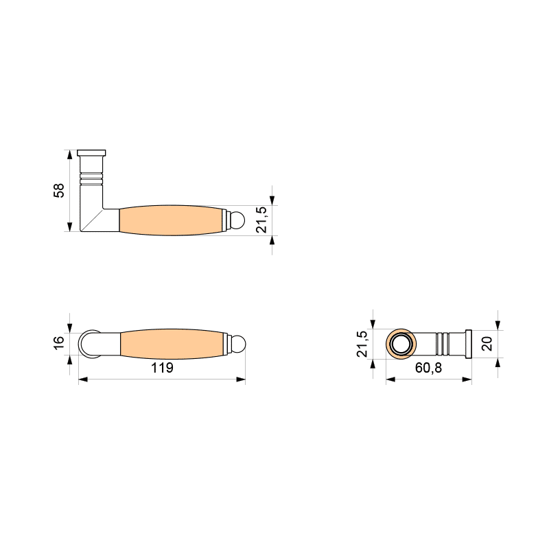 Ika deurkruk RVS matgeborsteld/ beuken haaks met ronde eindknop technische tekening