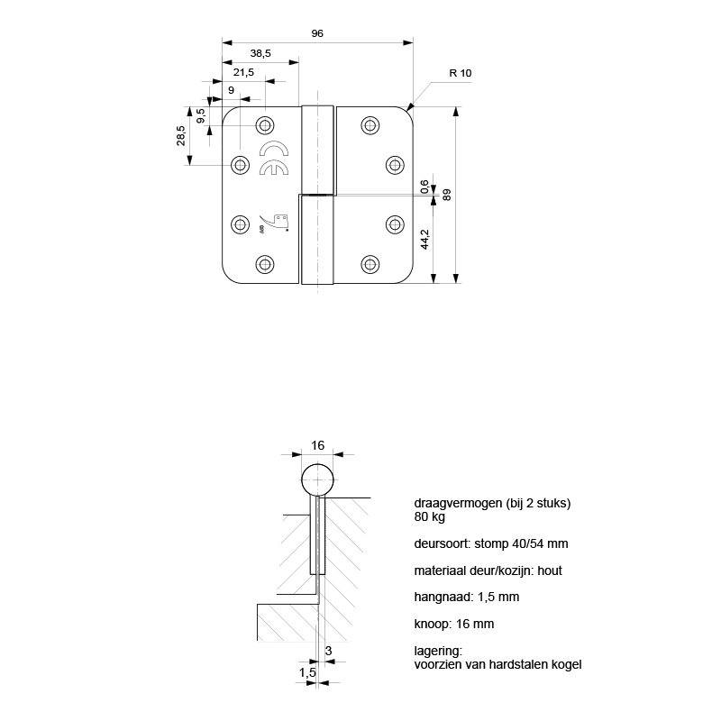 Kogelpaumelle ronde hoek DIN links 89×96 mm Wit egaal technische tekening