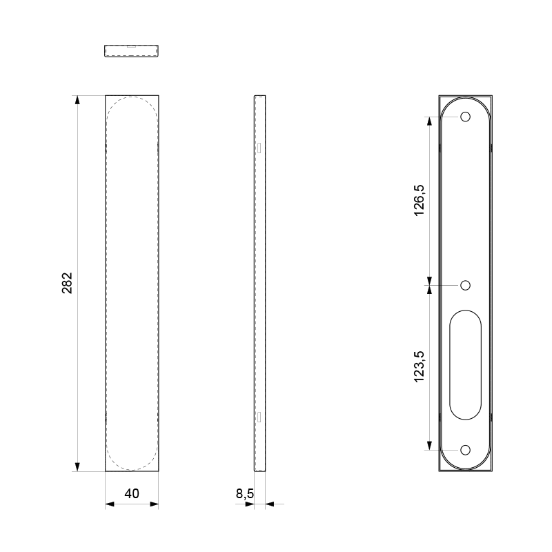 Langschild XL blind zonder krukgat rechthoekig RVS geborsteld GPF1200.75L/R technische tekening