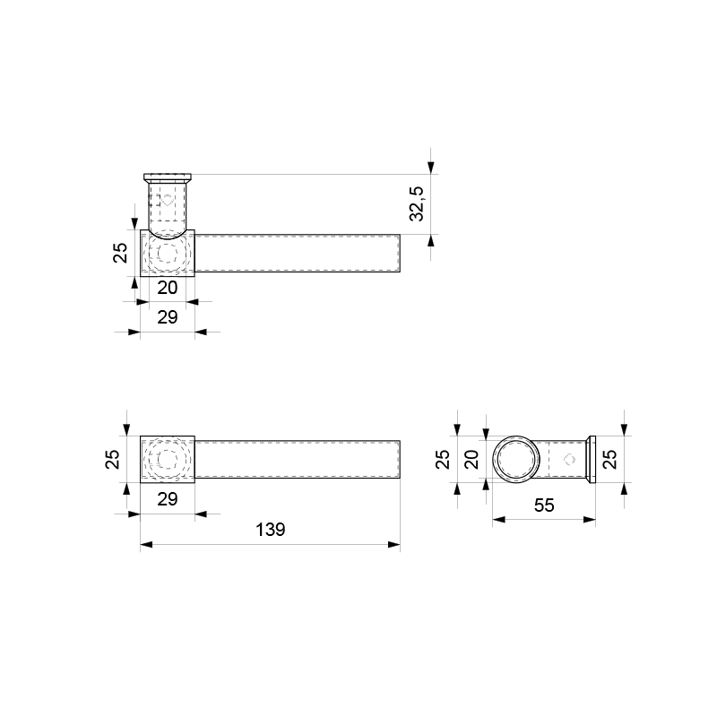 GPF3052.01 RVS deurkruk Hipi Deux+ op rechthoekige rozet technische tekening
