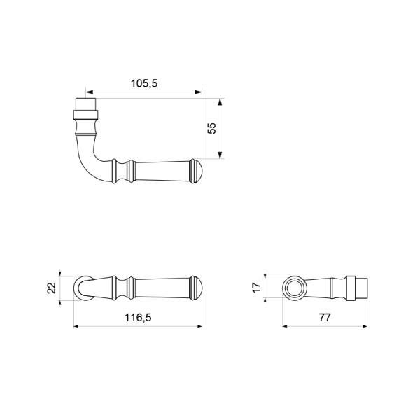 GPF6220.00 smeedijzer zwarte deurkruk Meri op ronde rozet technische tekening