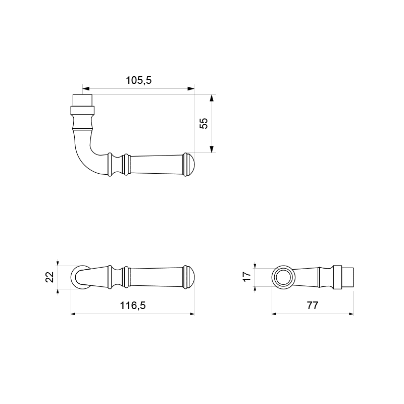 GPF6220.00 smeedijzer zwarte deurkruk Meri op ronde rozet technische tekening