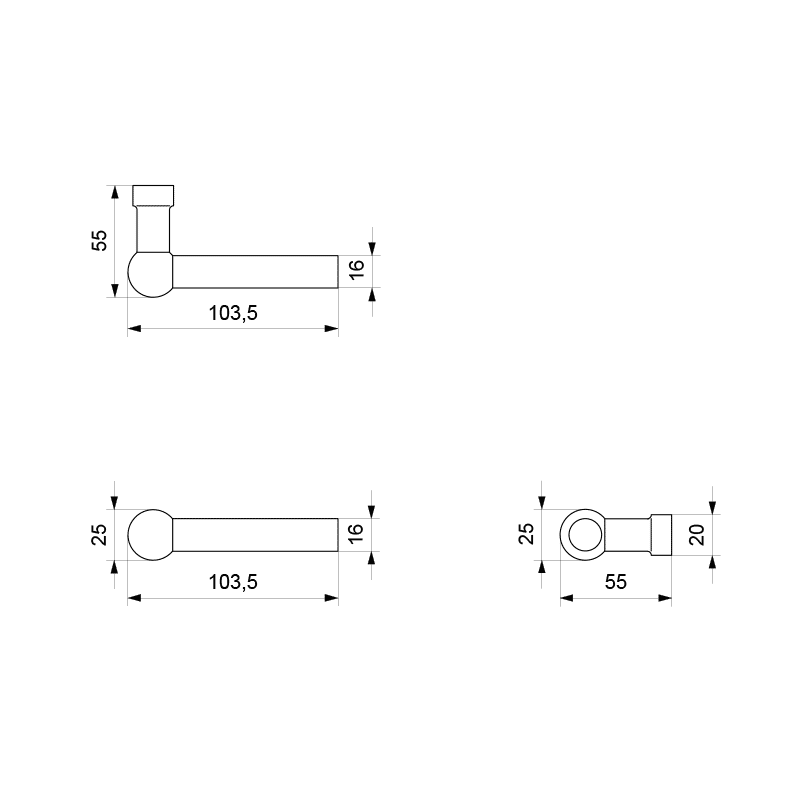GPF8235.02 zwarte deurkruk Hipi op vierkante rozet technische tekening