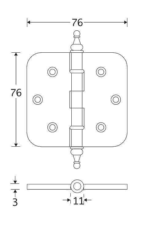 Kogellagerscharnier ronde hoek 76x76mm mat zwart vaas technische tekening