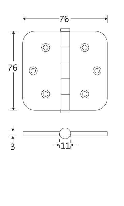 Kogellagerscharnier ronde hoek 76x76mm mat zwart vlak technische tekening