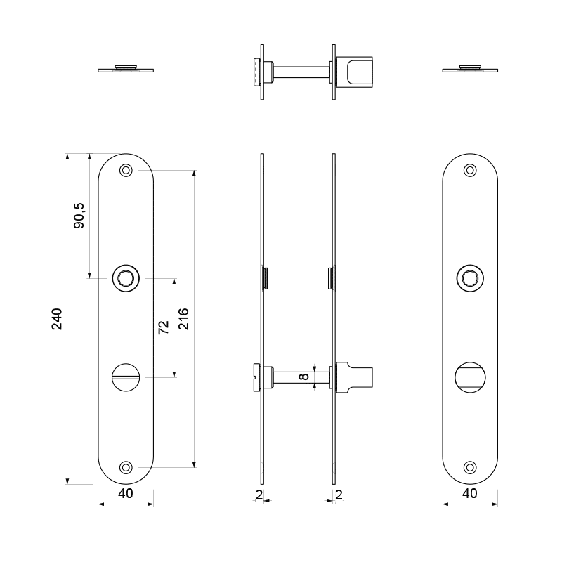 Plaatschild WC72/8 normale knop afgerond RVS geborsteld 240x40x2mm technische tekening