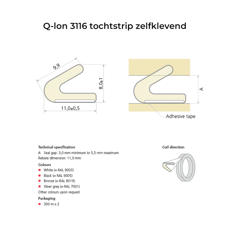 Q-lon 3116 tochtstrip zelfklevend technische tekening