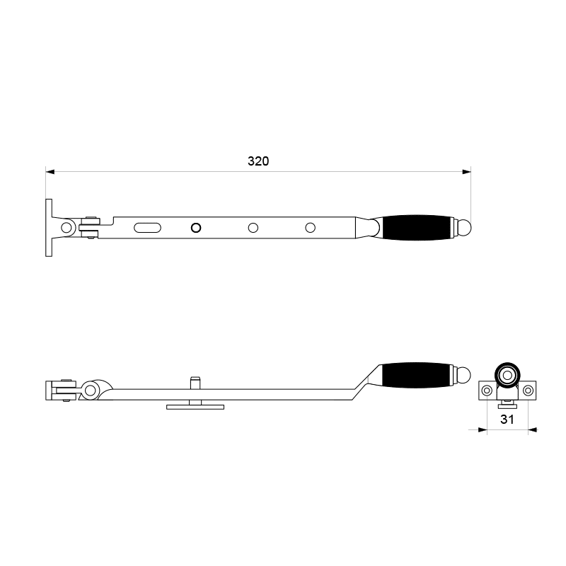 RVS gepolijst/ zwart Ika raamuitzetter met ronde eindknop 320 mm technische tekening
