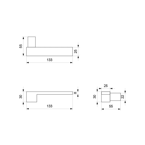 GPF3110.02 RVS deurkruk Rapa op vierkante rozet technische tekening