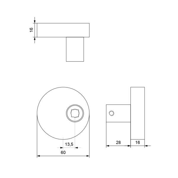 S1 knop Excentrische 60×16 mm draaibaar inclusief krukstift PVD mat messing technische tekening