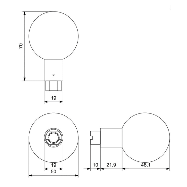 S1 kogelknop 50 mm draaibaar inclusief krukstift PVD mat messing technische tekening