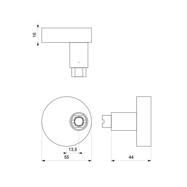 S2 knop Excentrische knop 60x16 mm vast inclusief knopvastzetter PVD antraciet technische tekening